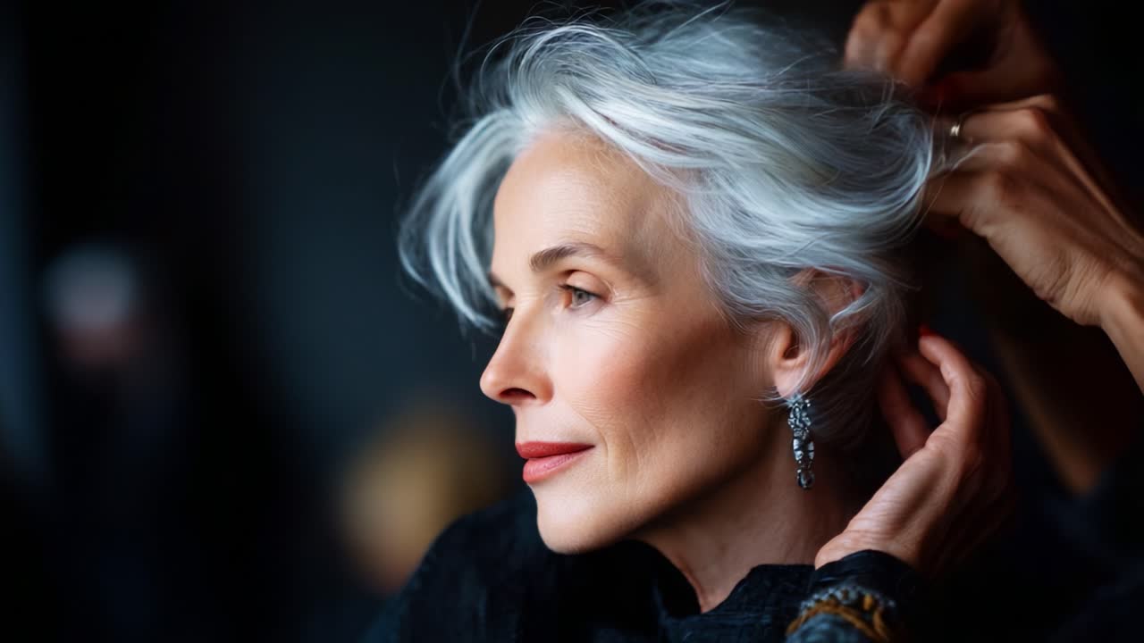 Captivating Portrait of an Elegant Silver-Haired Woman with Graceful Features and Timeless Beauty as She Smiles Softly While Having Her Hair Styled with Care and Attention