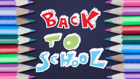 Animation-Von-Back-to-School-Text-Und-Bunten-Stiften-Auf-Blauem-Hintergrund