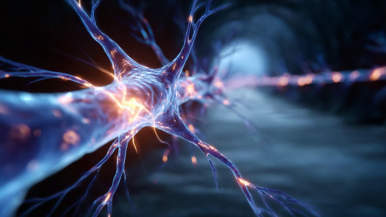 Detailed Visualization of Neural Connections in the Nervous System, Highlighting Neuron Structure, Synapses, and Electrical Activity in a Feverish Display of Life