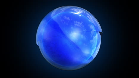 animation of blue cobalt grunge textured sphere rotating and covered with two orbiting glass hemispheres reflecting the environment