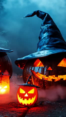 two witches with glowing eyes and a blue hat stand in front of a fire. the fire is surrounded by four lanterns, and the witches are holding pumpkins. the scene is set in a dark, mysterious atmosphere