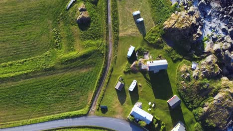 hov camping white sand beach and green areas, lofoten, norway, aerial