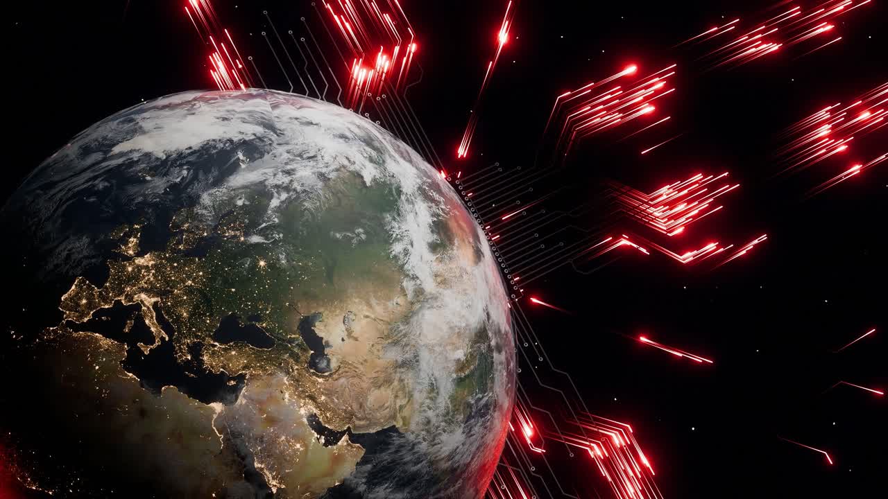 Planet Earth with visible Europe at night and glowing red digital arrows in outer space. 3D render representing global data transmission, cyber communication and digital infrastructure for design