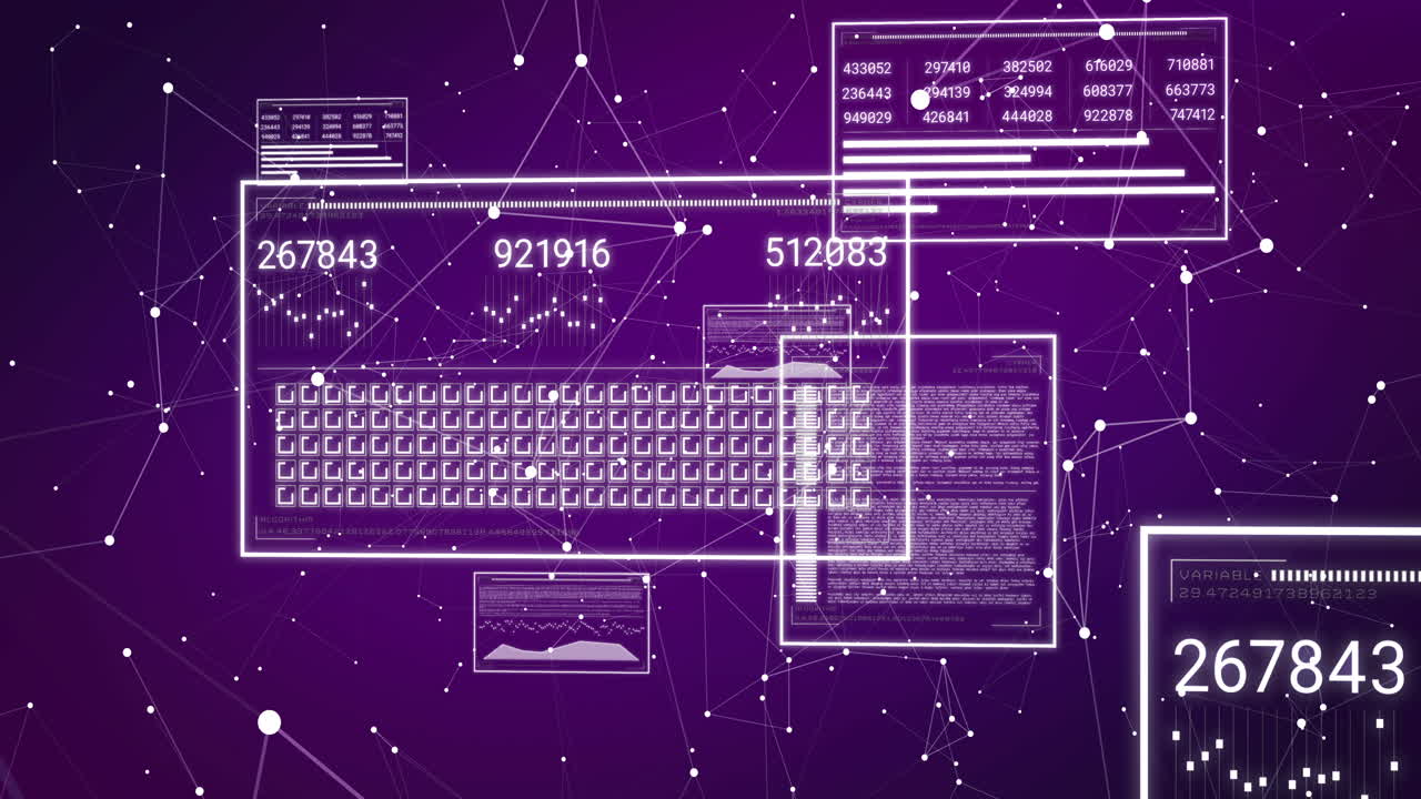 Animation of numbers changing and data processing on computer screens over purple background
