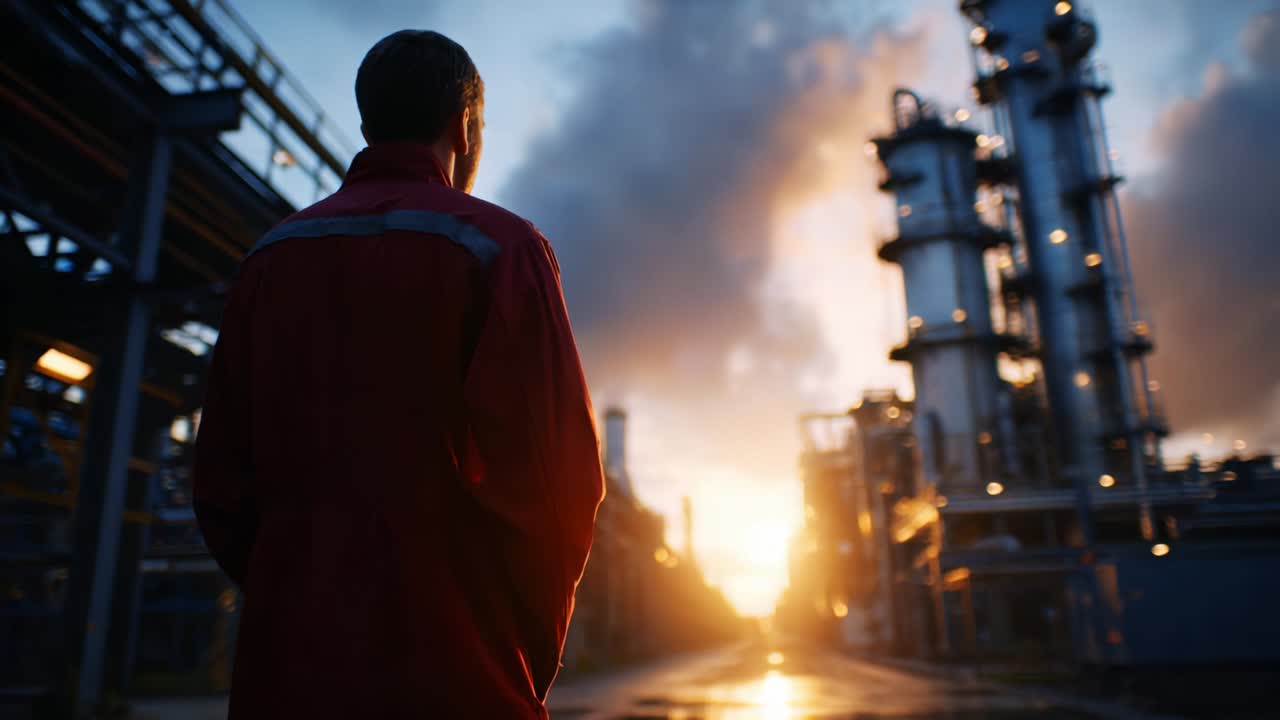 A Worker Observing the Industrial Landscape at Dusk, Silhouetted Against the Golden Sunrise Over Factory Structures, Creating a Scene of Contemplation and Industrial Aesthetics in an Urban Setting