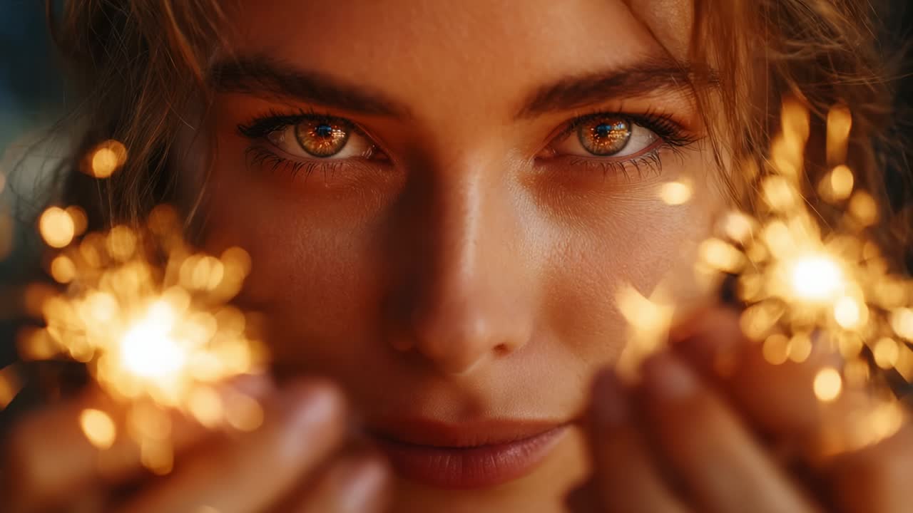 Un accattivante primo piano di una donna che tiene in mano delle stelline scintillanti, illuminate dal loro bagliore caldo. I suoi occhi espressivi brillano riflettendo la luce, creando un'atmosfera incantevole di festa e meraviglia