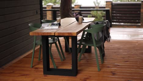 outdoor workspace in a cabin on a rainy day