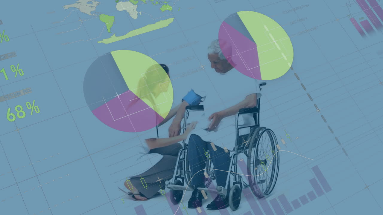 animación de procesamiento de datos sobre una doctora caucásica hablando con un paciente en silla de ruedas