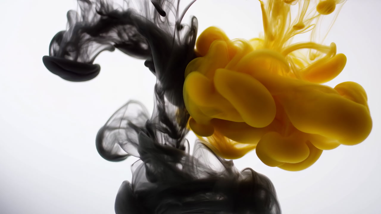 Black And Yellow Ink Swirling Underwater Forming Dramatic Clouds And Fluid Tendrils As Yellow Pigment Collides