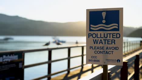 a sign warns of polluted water at a scenic pier during sunset in akaroa, new zealand, with sunrays creating a dramatic effect