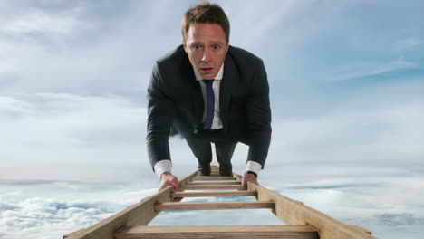 businessman climbing ladder to the sky