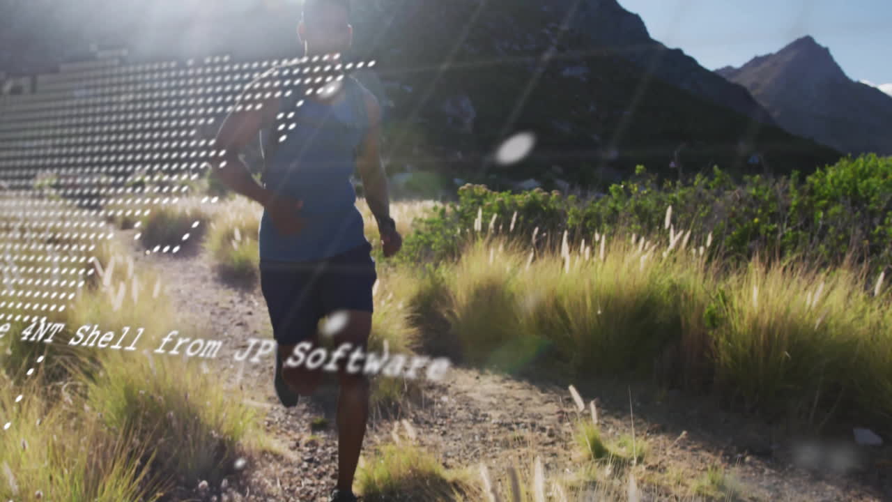 male trail runner navigating rocky mountain health scene, with animated heart icon and shoe graphic