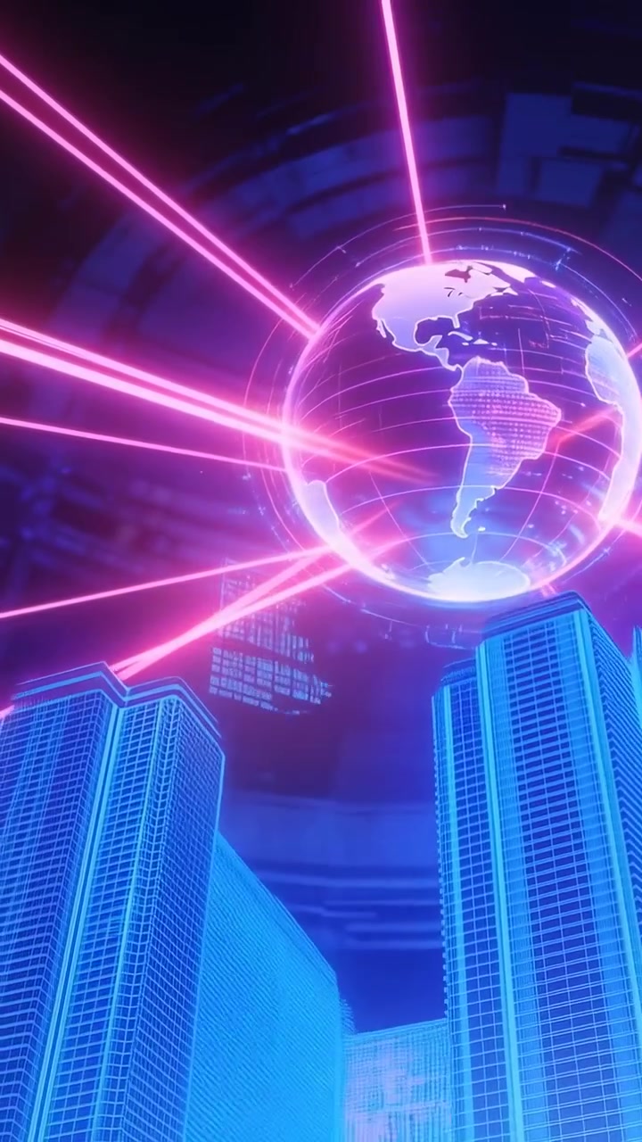 Vertical video: Rotating globe pulsing, beaming magenta rays over cyan grid towers, sending data