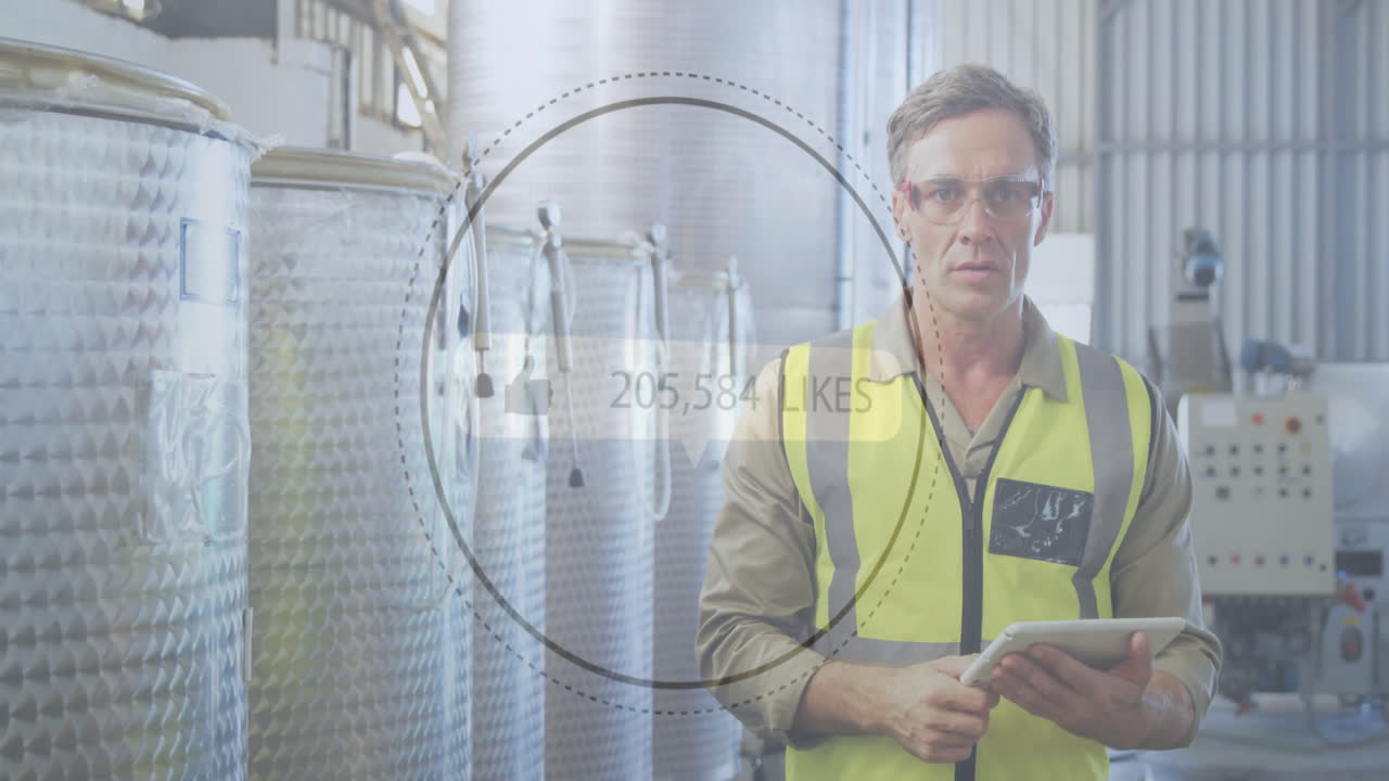 animación de gustos creciente número sobre trabajador masculino caucásico usando tableta en la fábrica