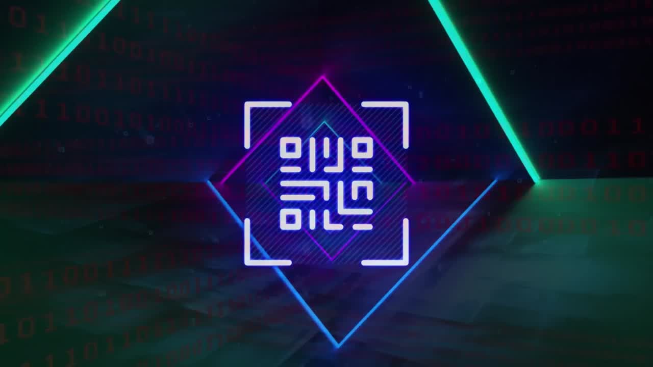 Animation of qr code flashing over neon tunnel on black background