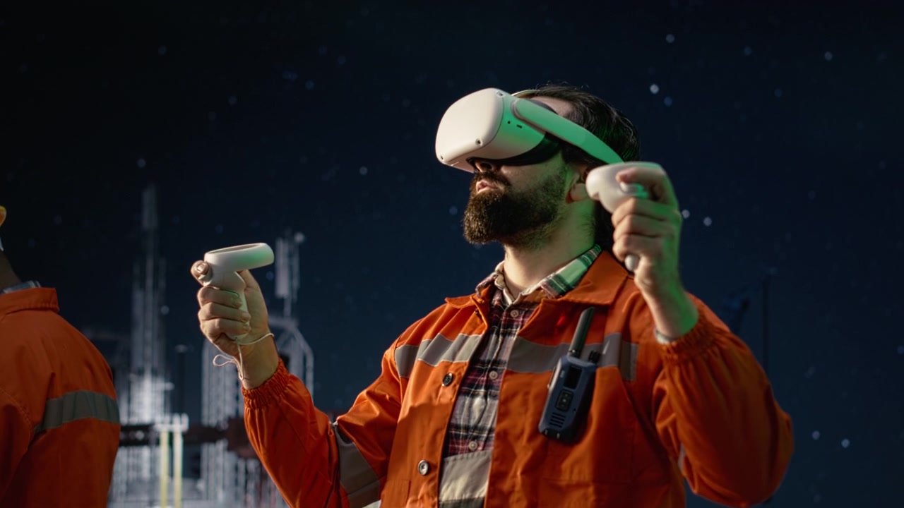 Drilling ship engineer using VR to search sea petrol reserves during oil crisis