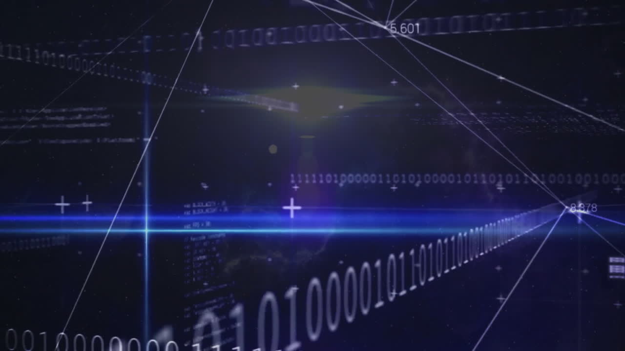 블랙 백그라운드에서 이진 코딩 및 디지털 데이터 처리의 애니메이션