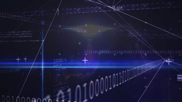 Animation of binary coding and digital data processing on black background