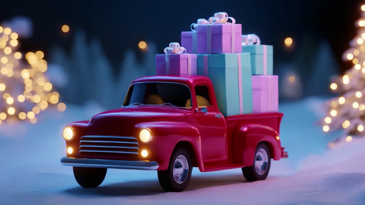 A Charming Retro Red Truck Loaded with Colorful Christmas Gifts, Surrounded by a Magical Winter Wonderland, Featuring Glowing Trees and a Delightful Holiday Atmosphere Full of Joy and Cheer
