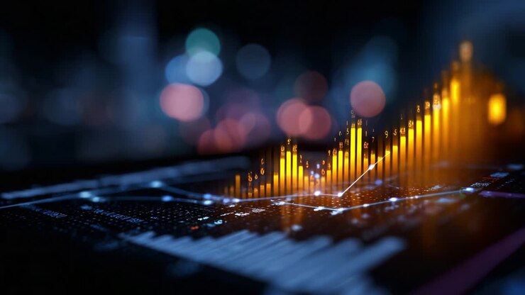 Dynamic Financial Analysis Displaying Ascending Market Trends Through Vibrant Visualizations and Elegant Graphical Representations of Data Patterns in an Engaging, High-Contrast Background