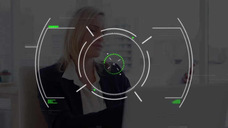 Animation of scope scanning and data processing over businesswoman using tablet