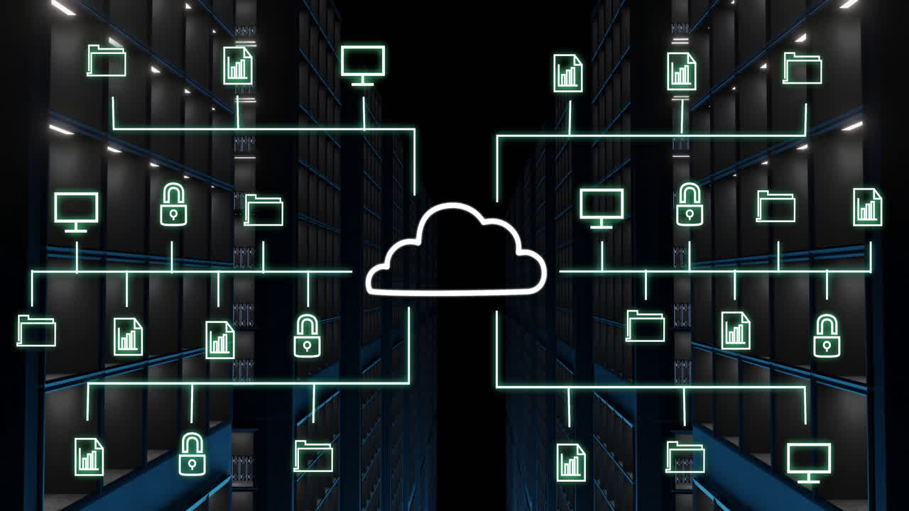 animación de la red de computación en la nube sobre el centro de datos con racks de servidores