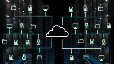 animazione di rete di cloud computing su data center con racks di server