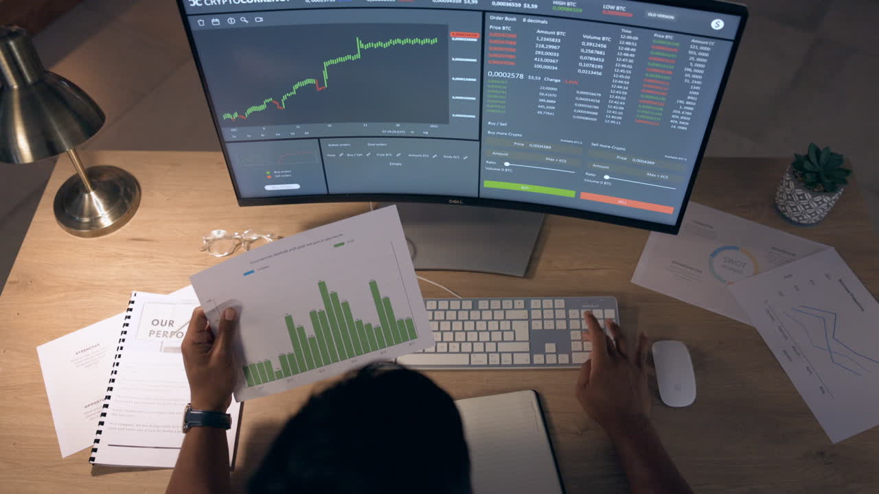 Night, computer screen and man for data analytics