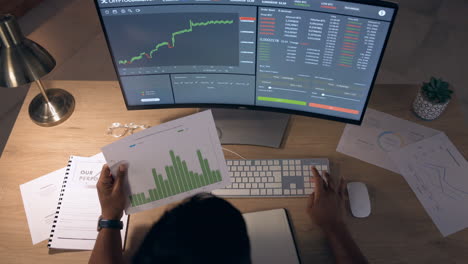 noche, pantalla de computadora y hombre para el análisis de datos
