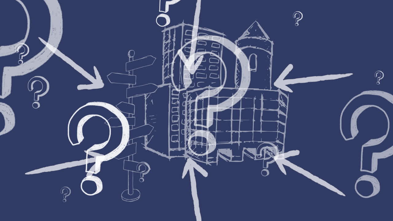 도시 위에 의문표와 화살표의 애니메이션