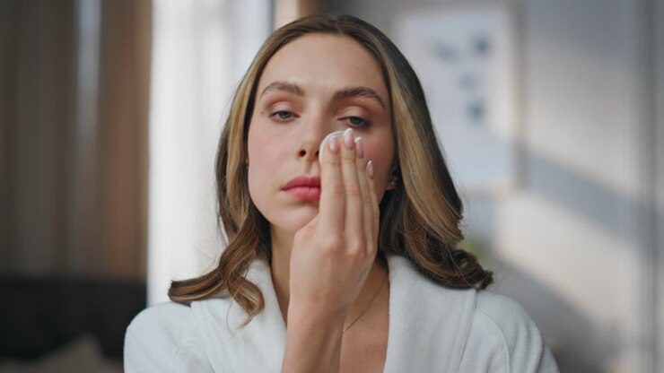 frau entfernt make-up mit einem baumwollpolster