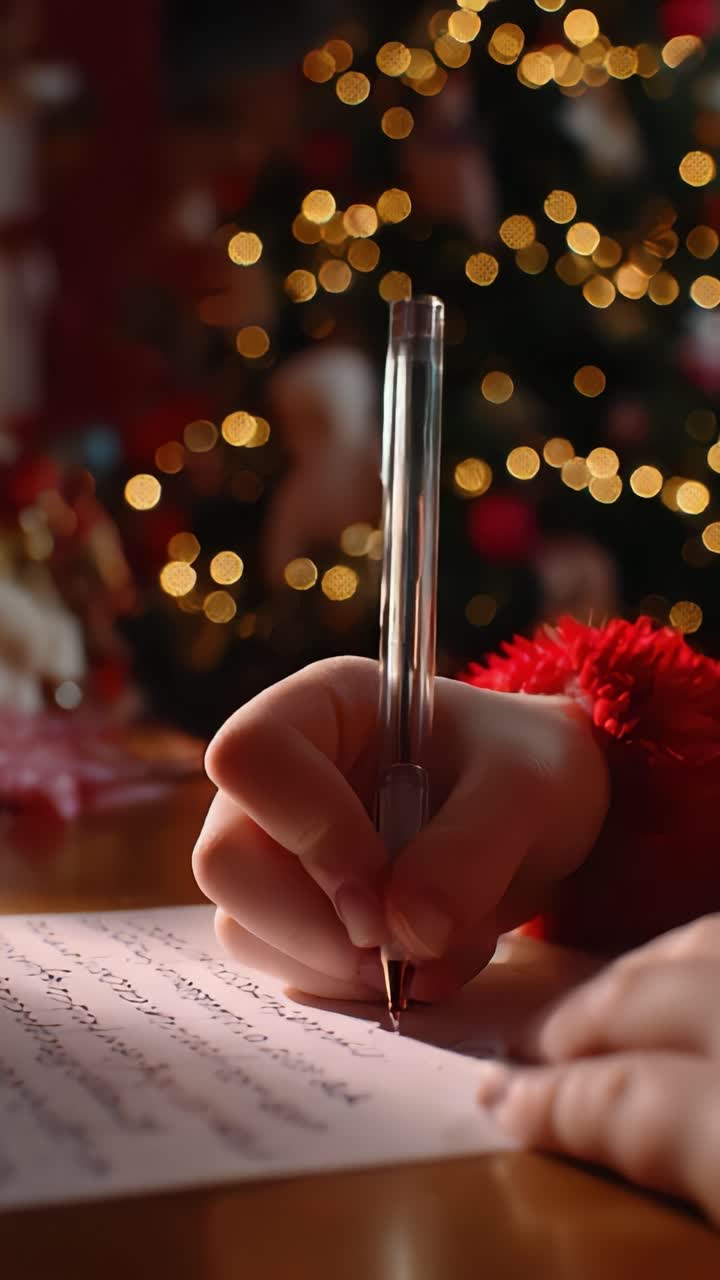 A Child's Handwriting a Letter with Joyful Anticipation Amidst a Beautifully Decorated Christmas Tree and Glowing Holiday Lights in the Background