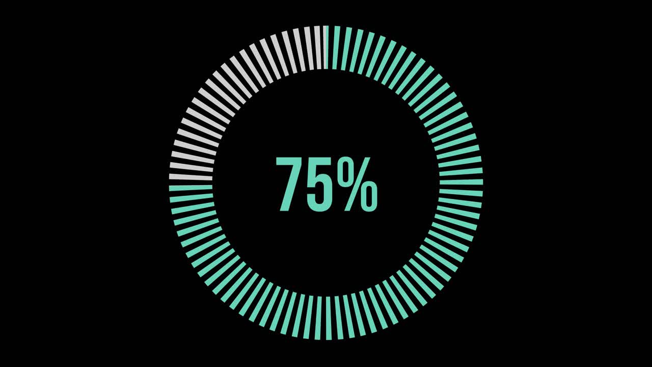 Circular progress bars increment from 10% to 100% with smooth transitions, set against a black background, highlighting growth and completion