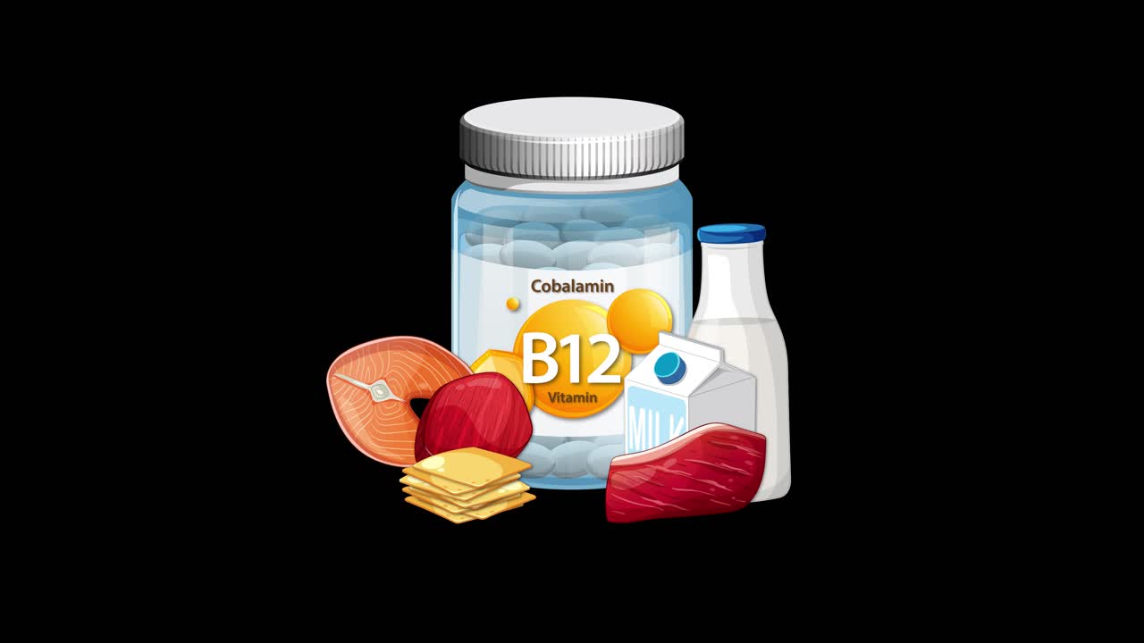 Vitamin B12 bottle transitions to include cheese, meat, milk, and eggs on black background