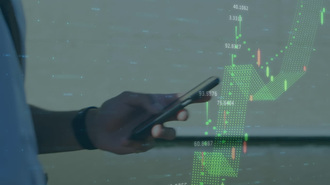 animación del procesamiento de datos financieros sobre una persona que utiliza un teléfono inteligente