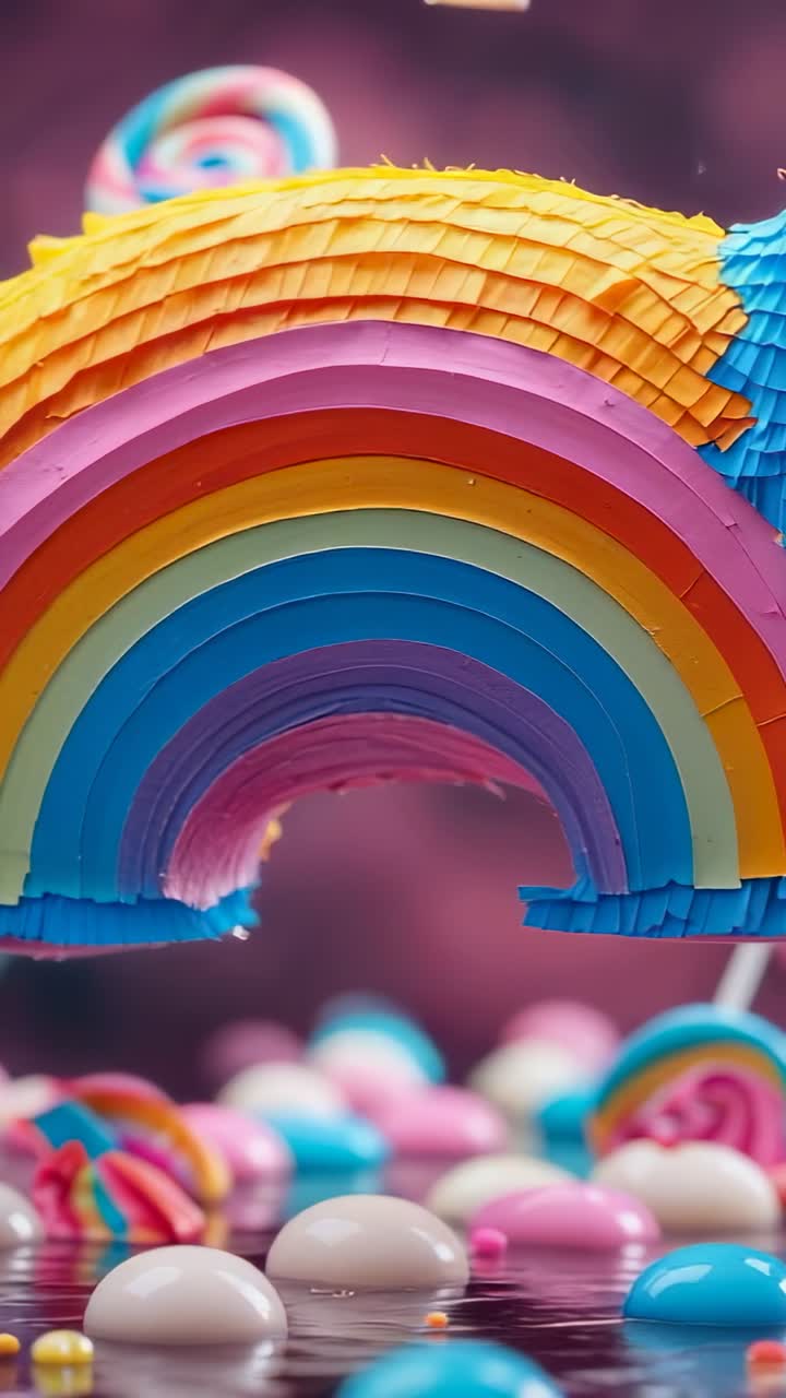 Vertical video: Pulling back camera revealing rainbow pinata on tabletop with swirl lollipops