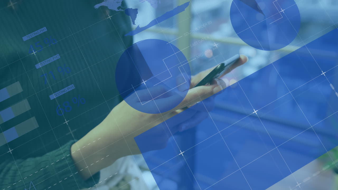 사무실에 있는 백인 사업가 여성에 대한 금융 데이터 처리의 애니메이션