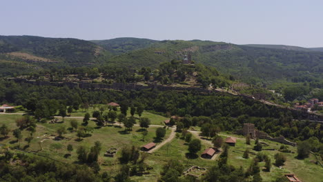 drone shot of the medieval fortress tsaravets in the historic city of veliko tarnovo built on steep hills