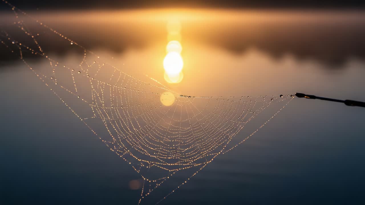 A Glimmering Spider Web Bathed in Golden Sunrise Light Over Calm Waters, Showcasing Nature's Beauty and Delicate Details of Dew Drops Reflecting Morning Sunlight