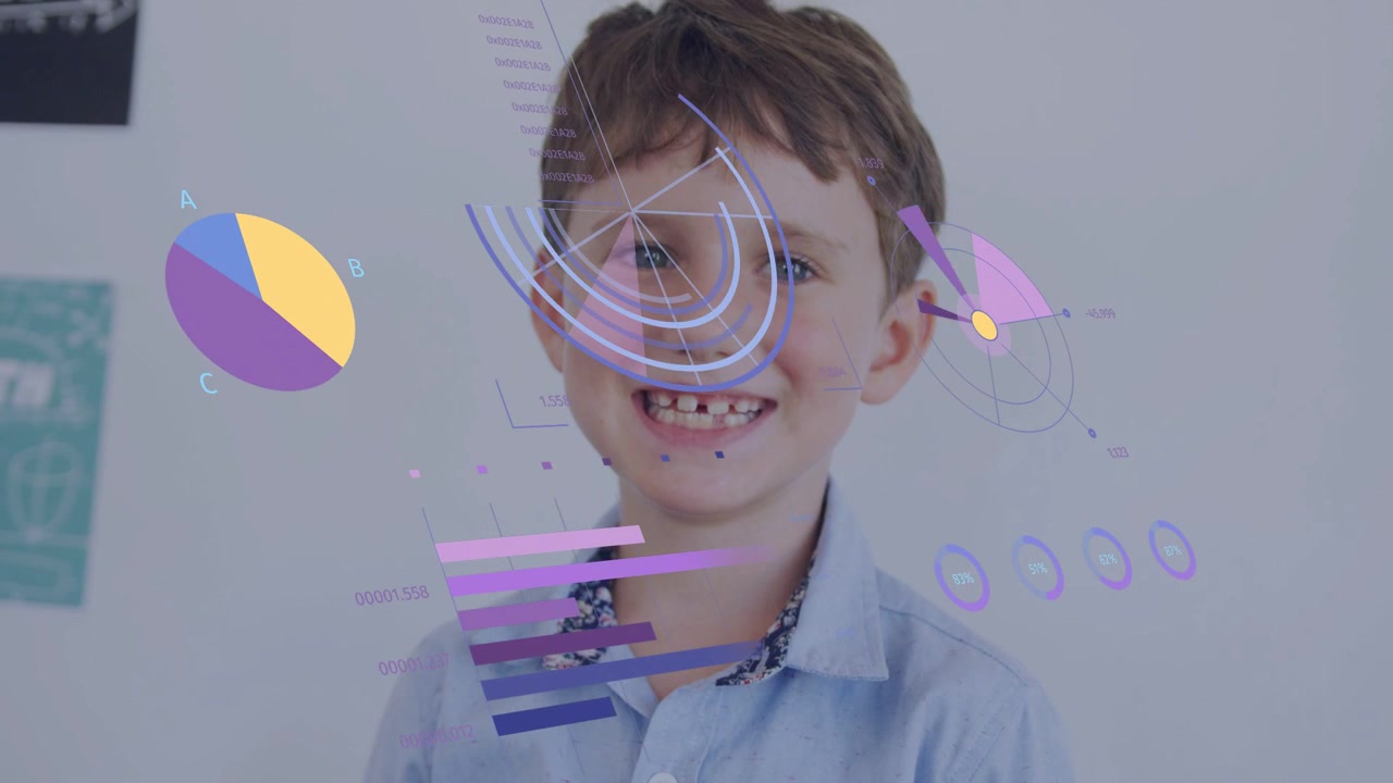 Boy giving thumbs-up causing animated pie charts sliding over face, focusing, smiling for education