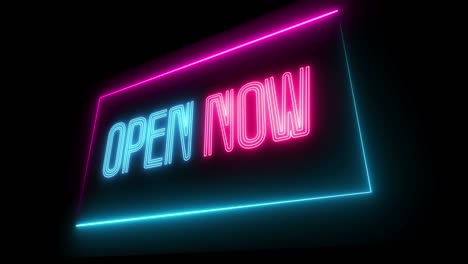 animated open now sign. neon effect, light neon on black background.