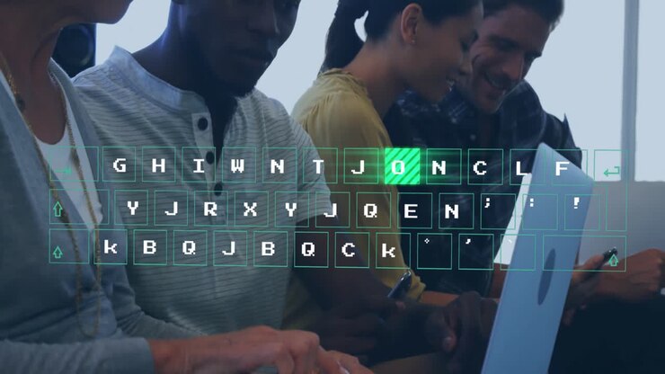 Animation of data processing against diverse colleagues working together at office