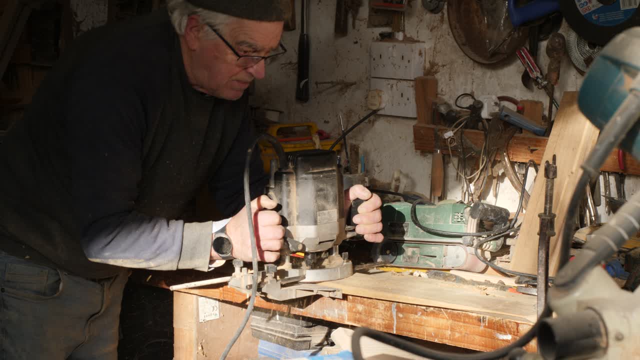 Carpenter Using Router Power Tool on Wood in Workshop