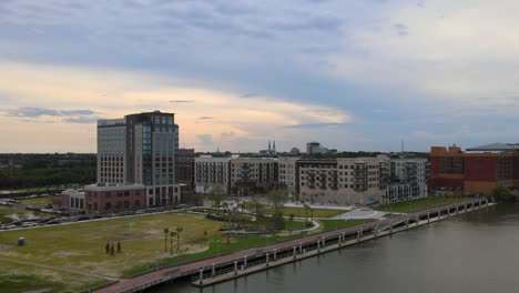 Drone-shot-over-the-Savannah-River-and-the-"Eastern-Wharf,"-a-new-Development-just-east-of-downtown-Savannah-Georgia