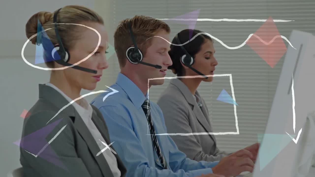 전화 헤드 ⁇  을 사용하는 사업가 들 위 에 빛나는 그림 들 의 애니메이션