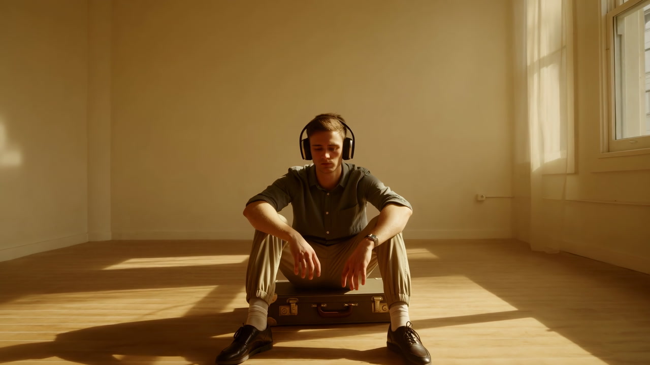 Young Man With Headphones Sitting On Suitcase In Sunlit Empty Room, Warm Golden Light Casting Long Shadows,