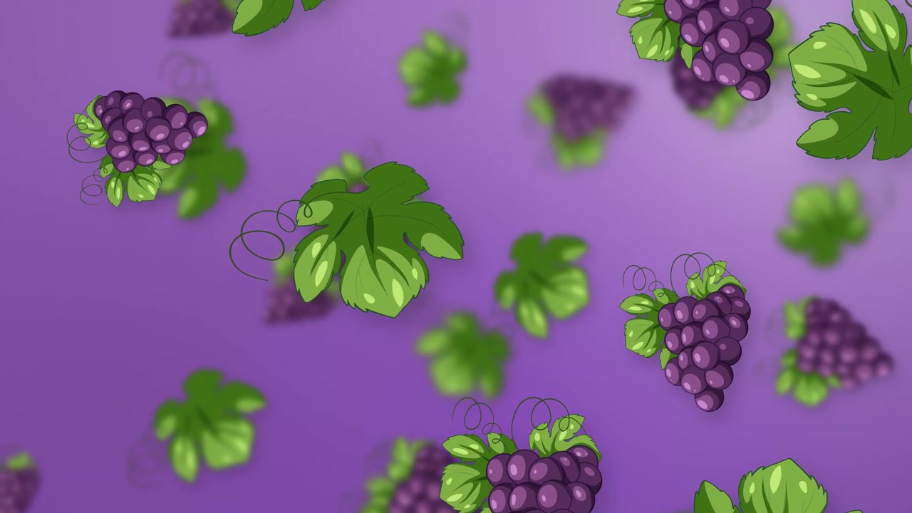 Grappoli d'uva viola stilizzati e foglie verdi cadono lentamente su uno sfondo sfumato viola tenue