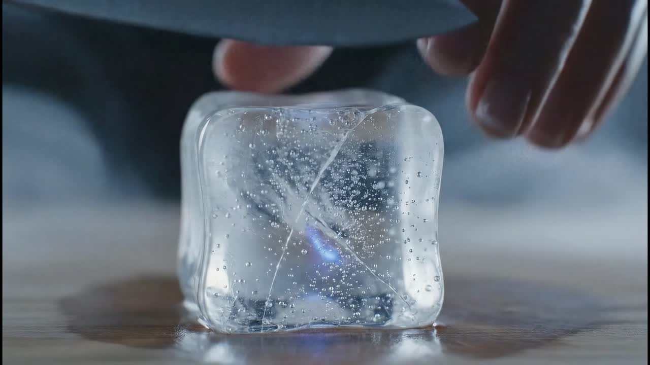 Cutting an ice cube with a knife