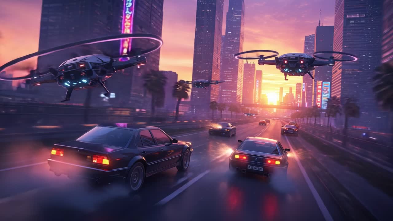 A thrilling chase unfolds in a futuristic city, showcasing sleek cars racing under the watchful eyes of drone surveillance against a vibrant sunset backdrop