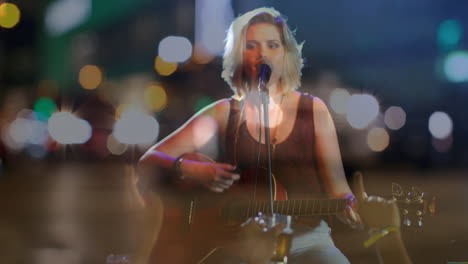 musician playing guitar at urban night gig, animating bokeh lights and music industry data bars